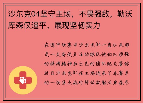 沙尔克04坚守主场，不畏强敌，勒沃库森仅逼平，展现坚韧实力