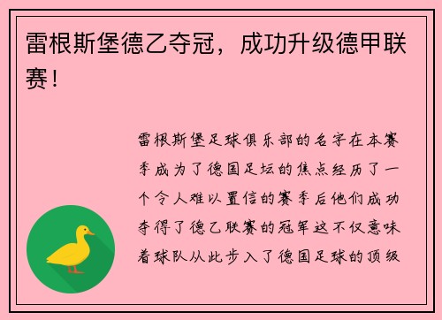 雷根斯堡德乙夺冠，成功升级德甲联赛！
