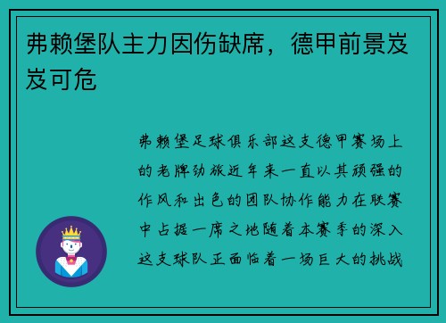 弗赖堡队主力因伤缺席，德甲前景岌岌可危