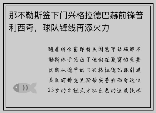 那不勒斯签下门兴格拉德巴赫前锋普利西奇，球队锋线再添火力