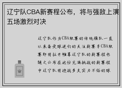 辽宁队CBA新赛程公布，将与强敌上演五场激烈对决