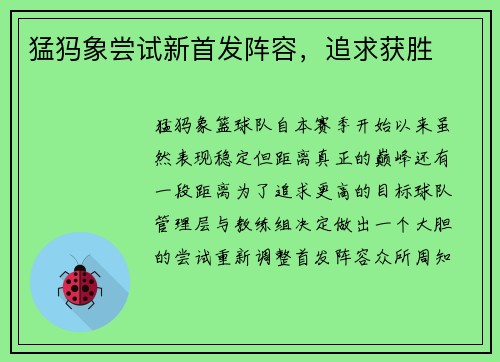 猛犸象尝试新首发阵容，追求获胜
