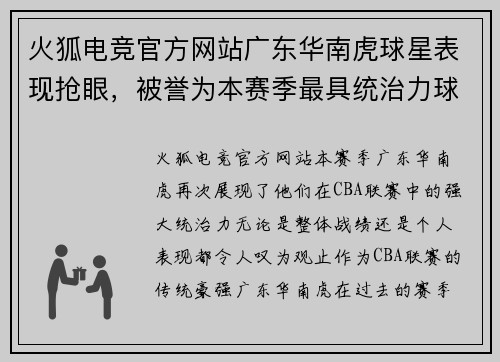 火狐电竞官方网站广东华南虎球星表现抢眼，被誉为本赛季最具统治力球队之一 - 副本