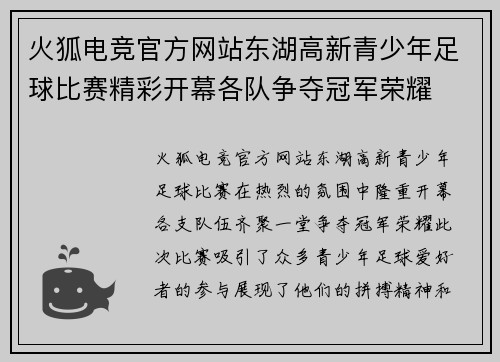 火狐电竞官方网站东湖高新青少年足球比赛精彩开幕各队争夺冠军荣耀