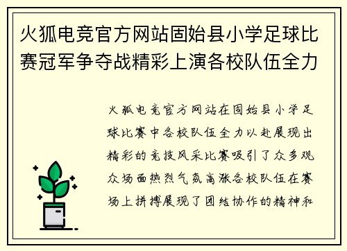 火狐电竞官方网站固始县小学足球比赛冠军争夺战精彩上演各校队伍全力以赴展现风采